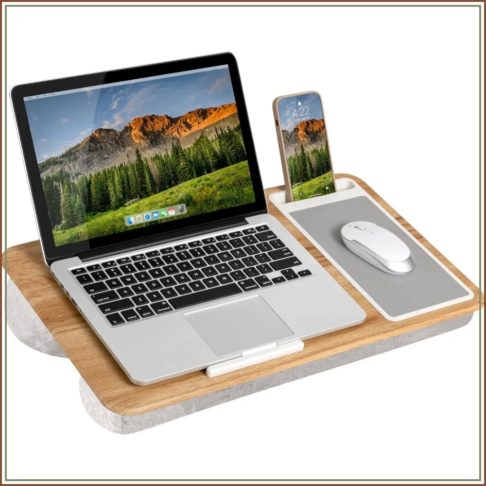 Lap Desk with Device Ledge, Mouse Pad & Phone Holder - Oak Woodgrain - Fits 15.6" Laptops