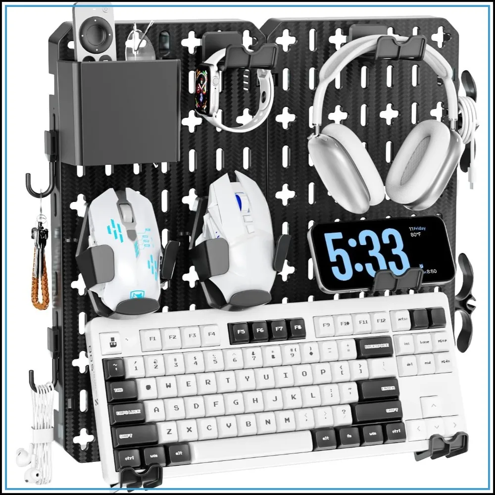 Wall Mount Keyboard & Mouse Display Stand with Pen Holder, Hooks, Headset & Controller Organizer for Office & Home